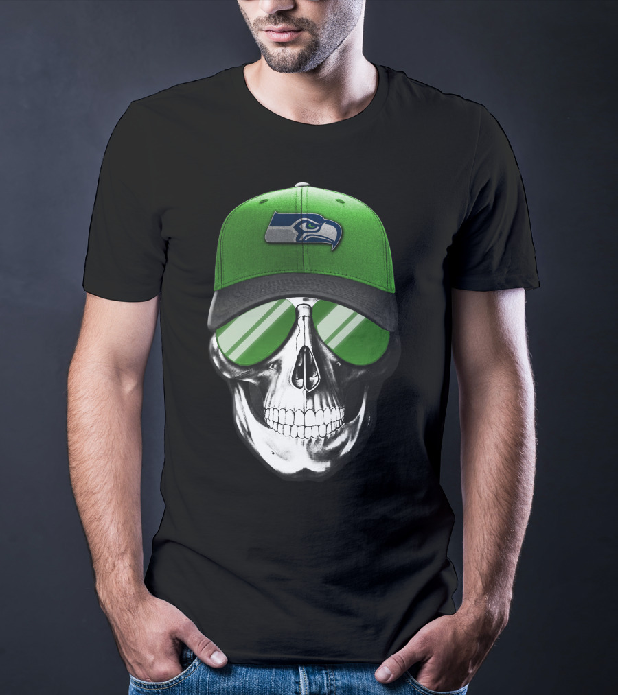 Skull V7 Seattle Seahawks Green Hat And Sunglasses T-Shirt