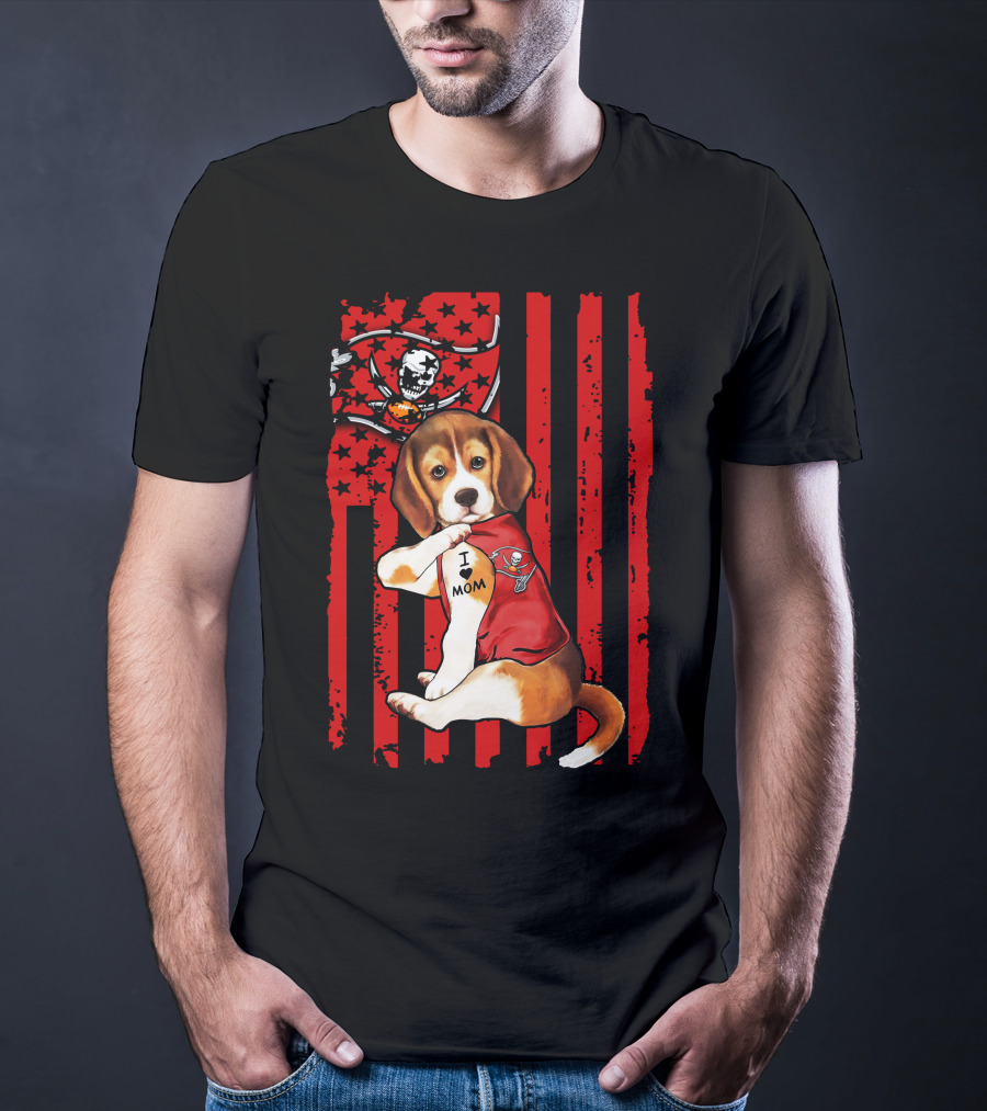 Beagle Puppy Tampa Bay Buccaneers I Love Mom Tattoo Patriotic Flag T-Shirt