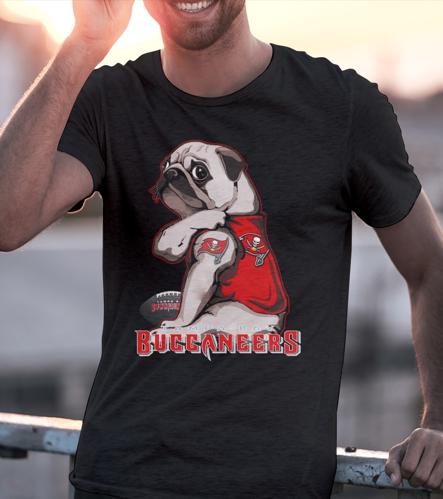 Pug Wearing Tampa Bay Buccaneers Jersey With Football T-Shirt