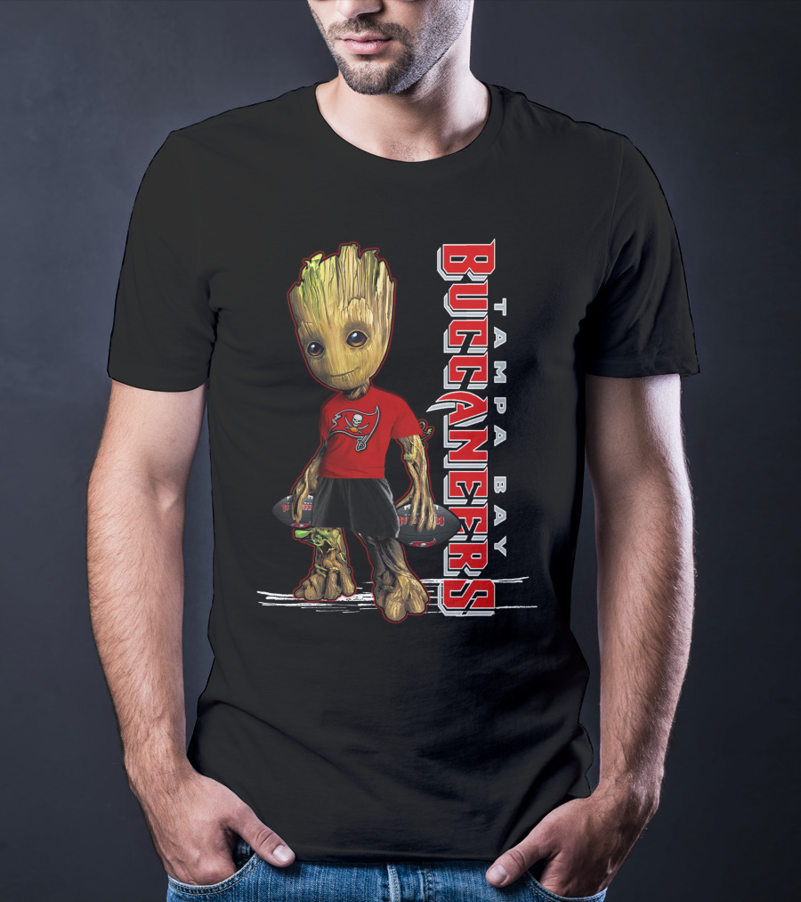 Groot In Tampa Bay Buccaneers Gear Standing With Football T-Shirt