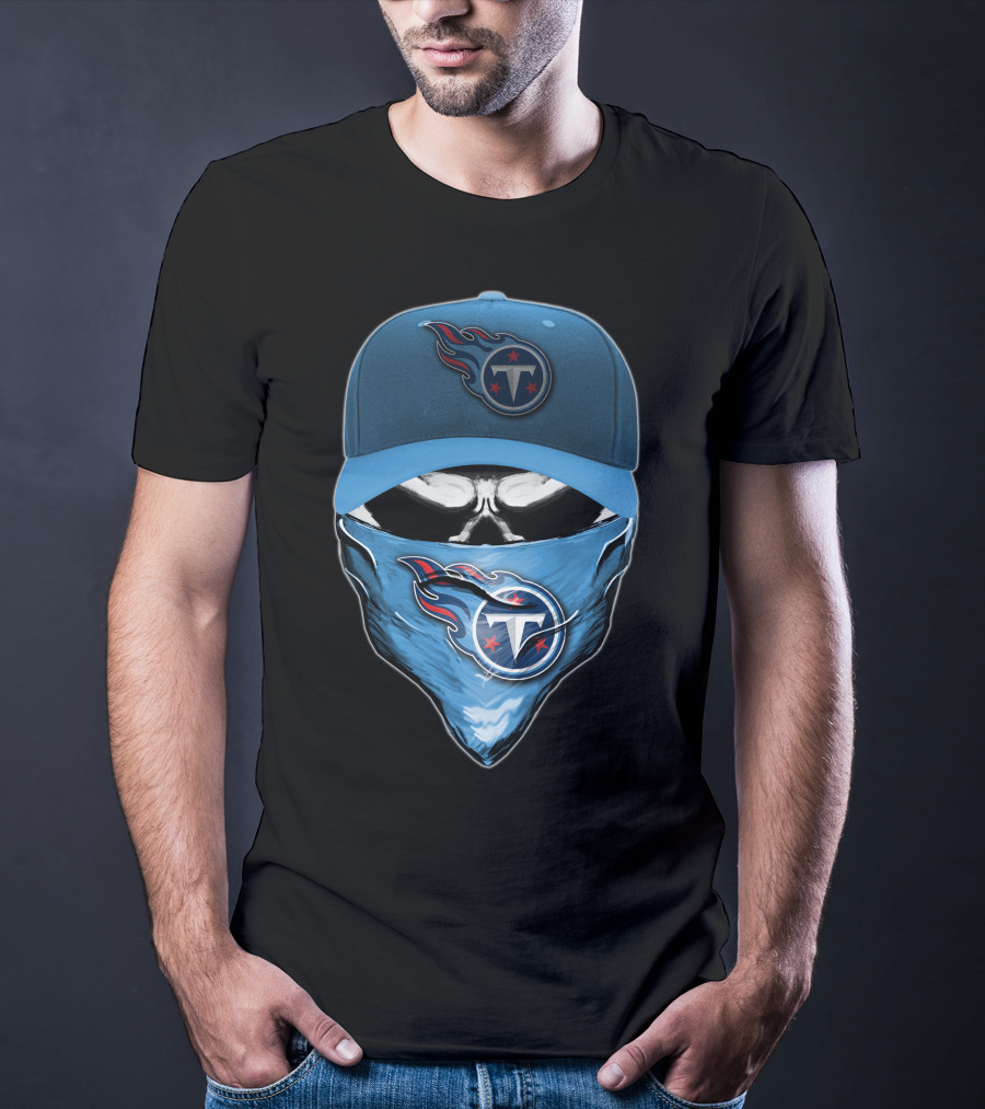 Skull V6 Tennessee Titans Logo Blue Hat And Bandana T-Shirt
