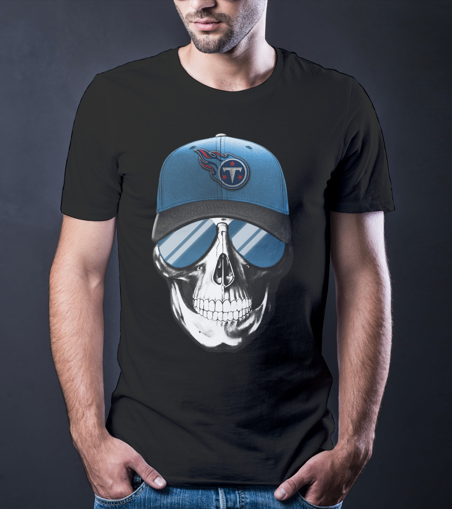 Skull With Tennessee Titans Logo Blue Cap And Sunglasses T-Shirt