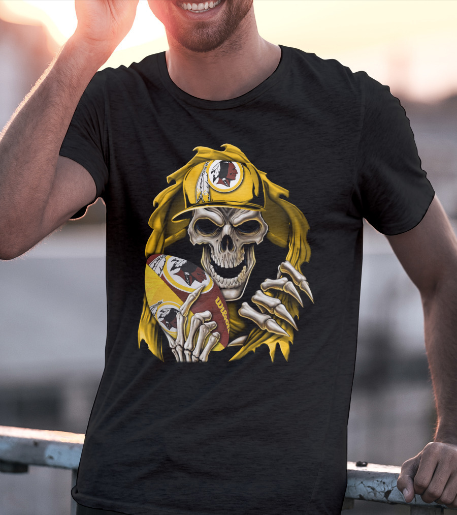Skullbong Washington Redskins Skeleton Holding Football With Logo And Yellow Cap T-Shirt