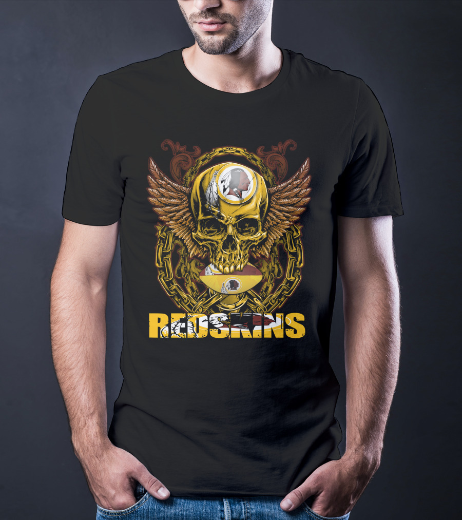 Redskins Skullfb Winged Skull Chains Feathers Football Helmet T-Shirt