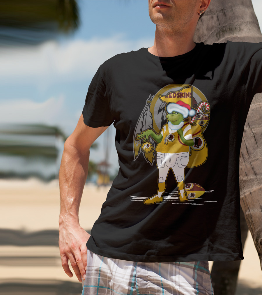 Grinchxmas V1 Washington Redskins Christmas Crossover With Santa Hat And Football Iconography T-Shirt
