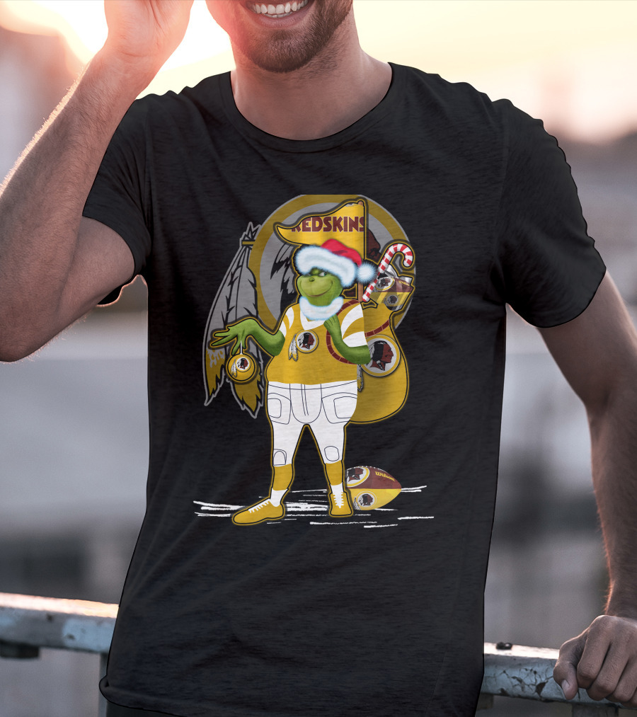 Grinchxmas V1 Washington Redskins Christmas Crossover With Santa Hat And Football Iconography T-Shirt