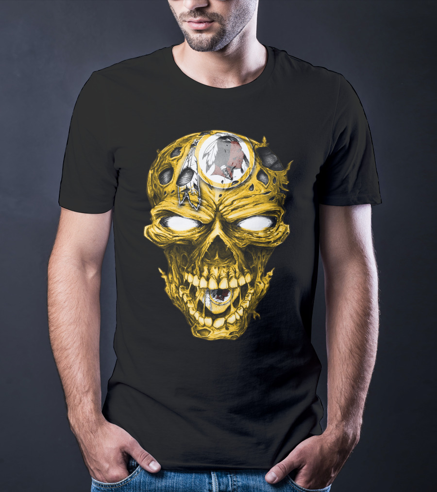 Skull V2 Washington Redskins Logo With Feather Headdress On Yellow Grinning Skull T-Shirt