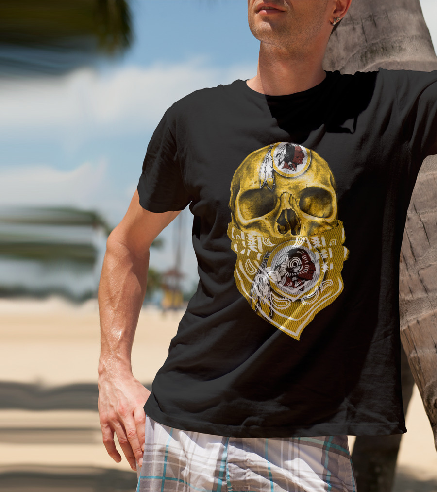 Skull Washington Redskins Logo With Yellow Bandana And Native American Symbolics T-Shirt