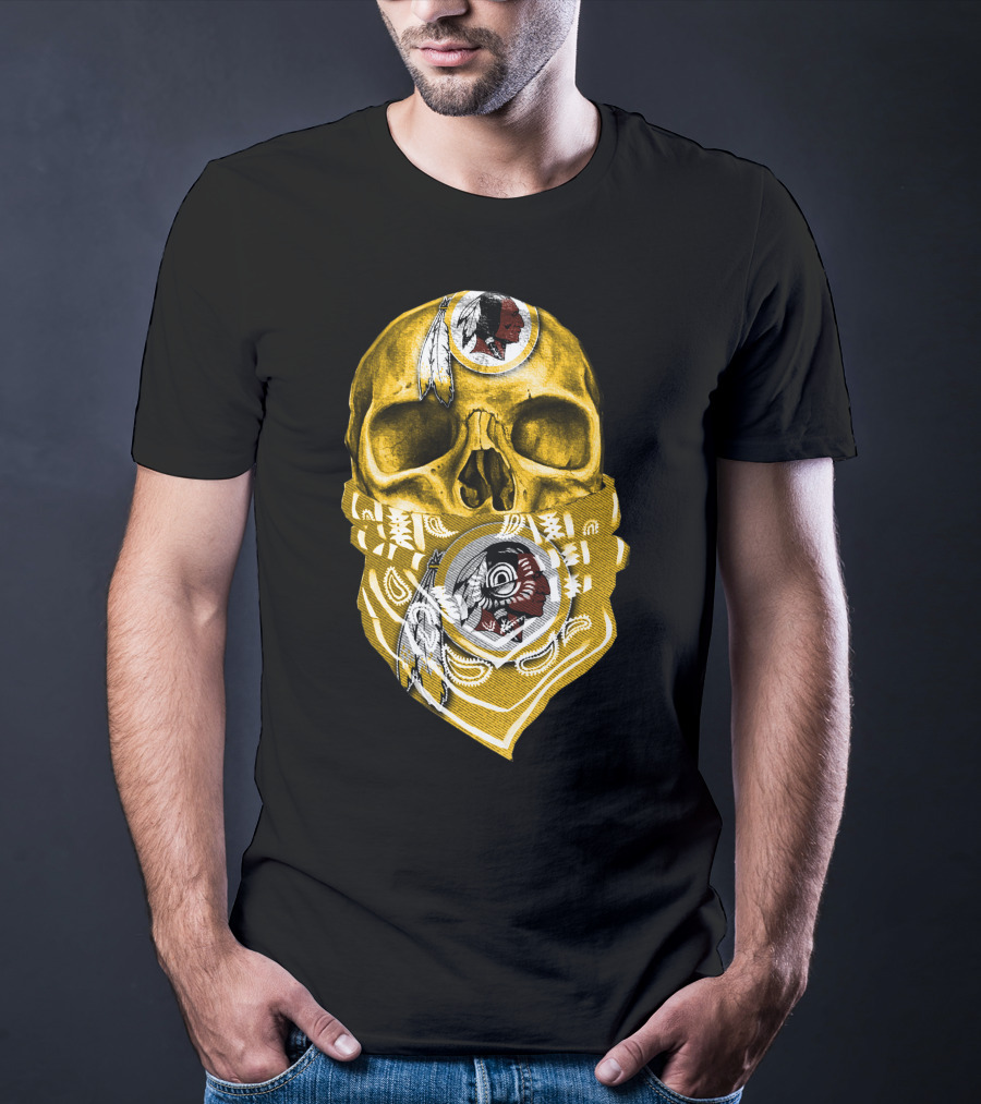 Skull Washington Redskins Logo With Yellow Bandana And Native American Symbolics T-Shirt