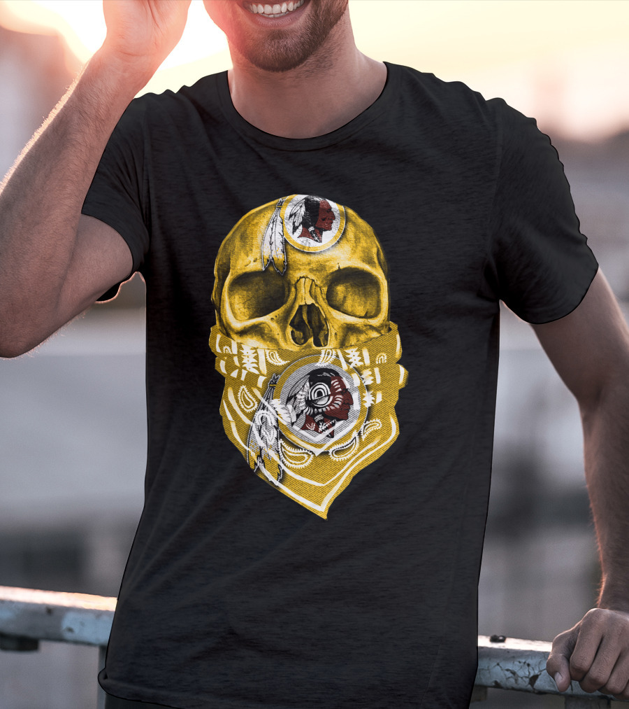 Skull Washington Redskins Logo With Yellow Bandana And Native American Symbolics T-Shirt