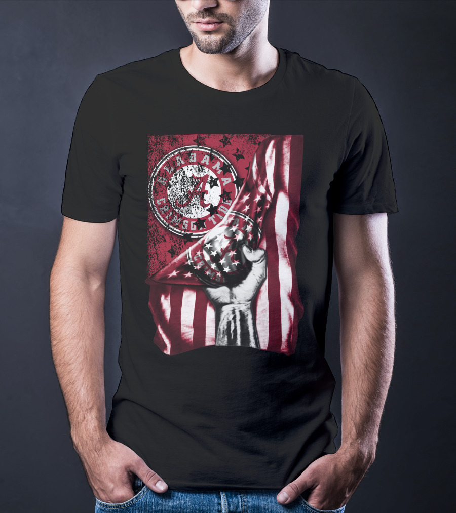Alabama Crimson Tide Flag With Stars And Stripes Hand Motif T-Shirt