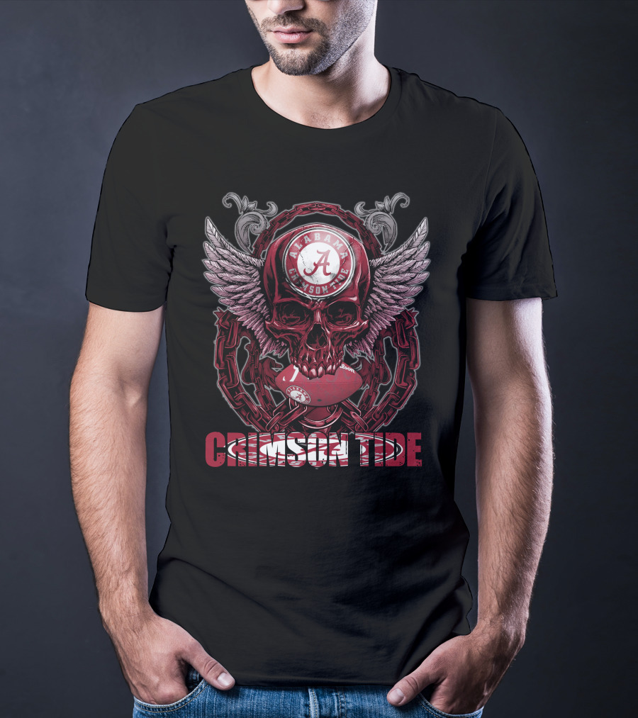 Alabama Crimson Tide Skullfb Winged Skull Football T-Shirt