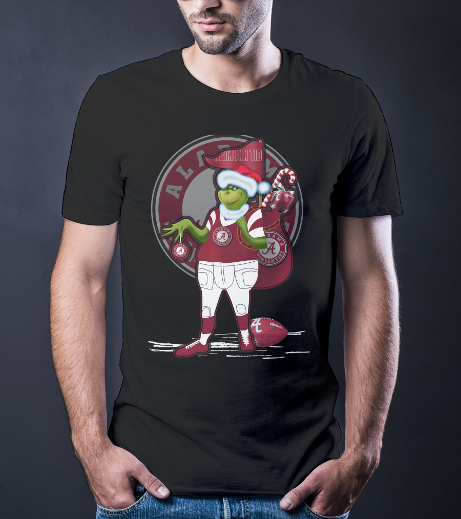 Grinchxmas Alabama Crimson Tide Football Theme With Santa Hat And Candy Cane Bag T-Shirt