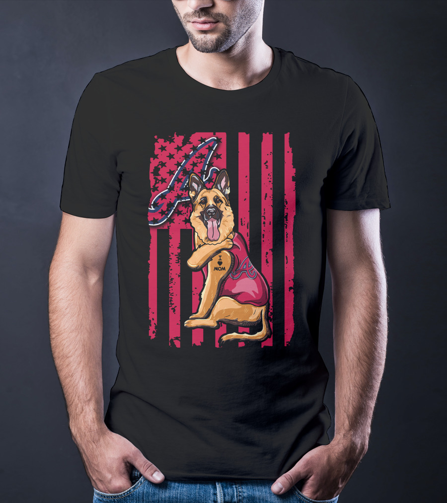 German Shepherd Wearing Atlanta Braves Jersey With A Logo And Flag Background T-Shirt