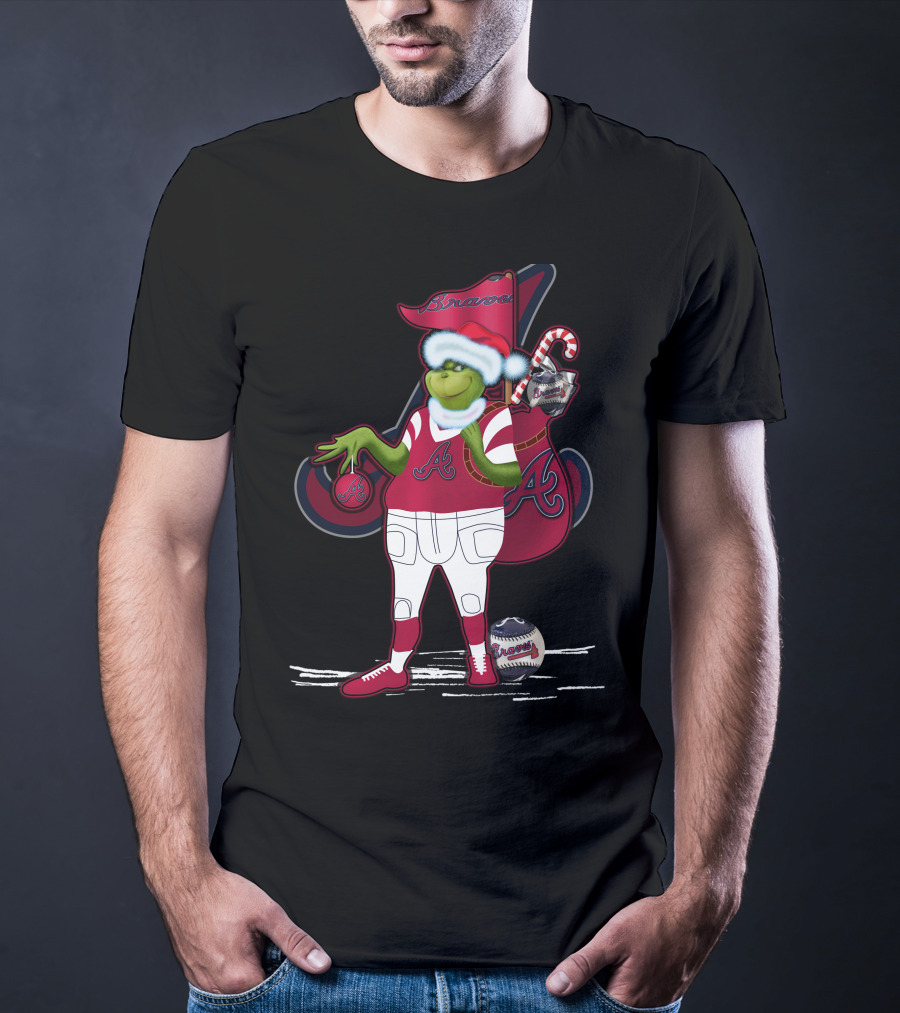 Grinchxmas Atlanta Braves Santa Holding Baseball Candy Cane T-Shirt