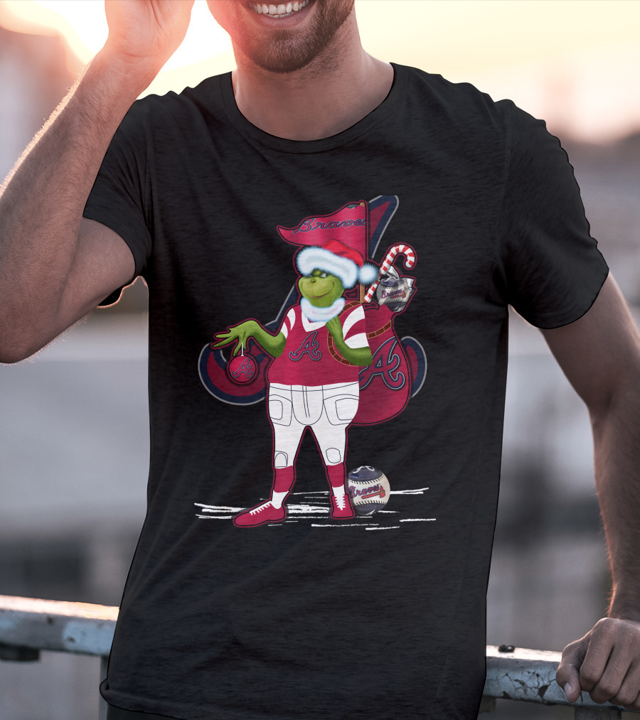Grinchxmas Atlanta Braves Santa Holding Baseball Candy Cane T-Shirt