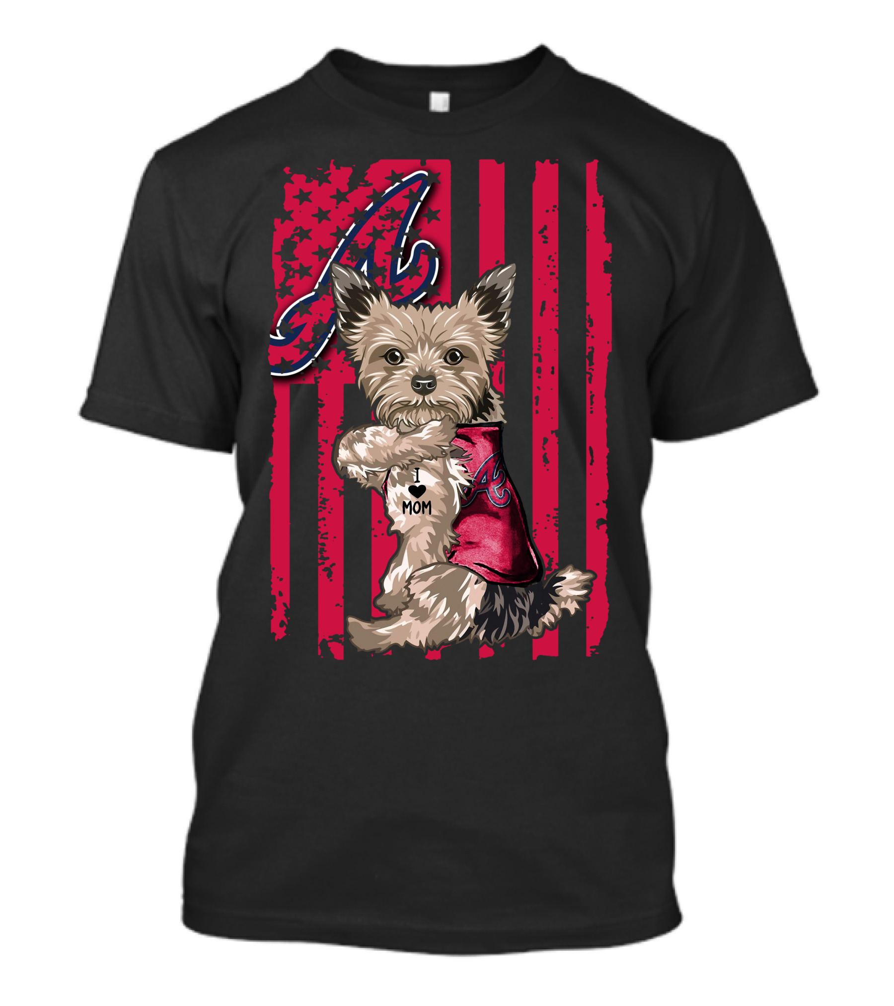 Yorkshire Terrier I Love Mom Atlanta Braves American Flag T-Shirt