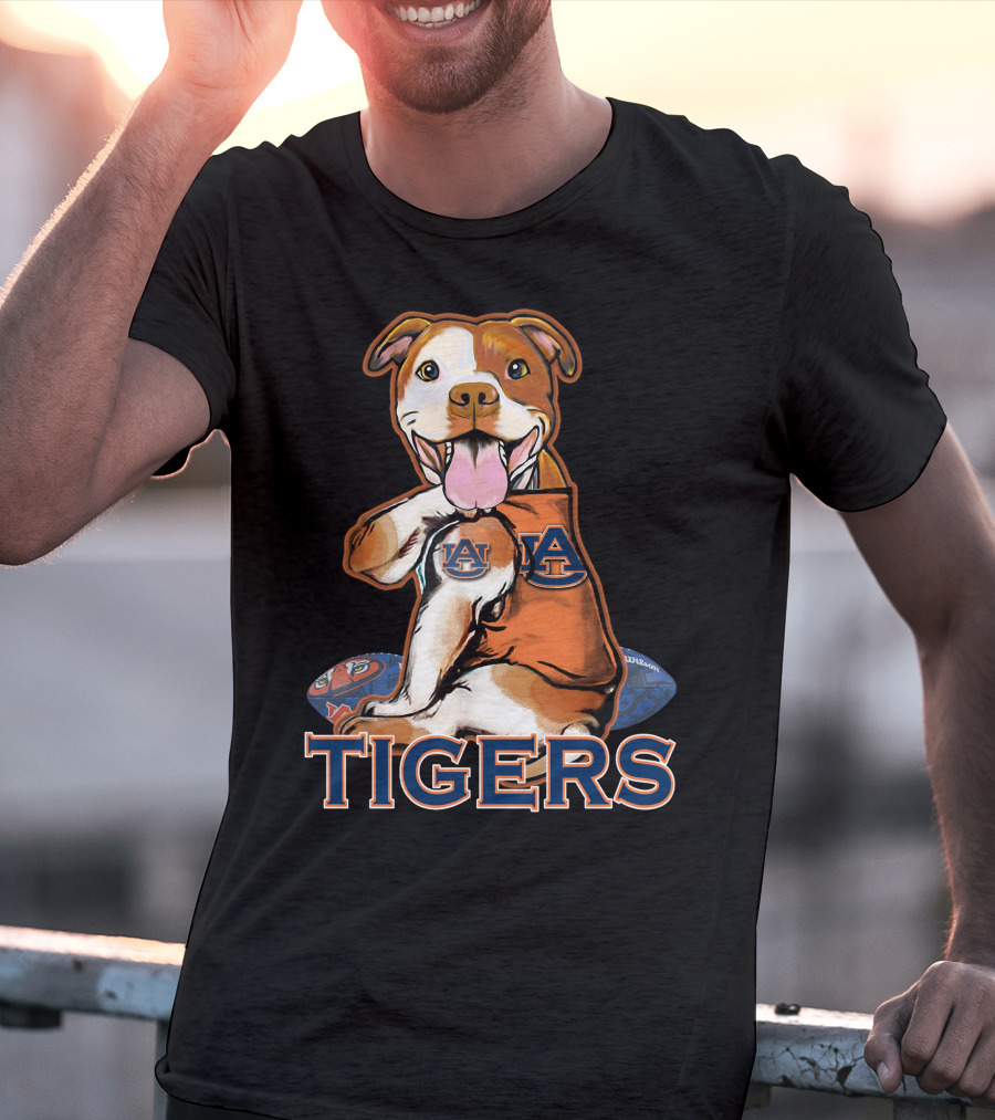 Pittbull Wearing Auburn Tigers Logo With Football T-Shirt