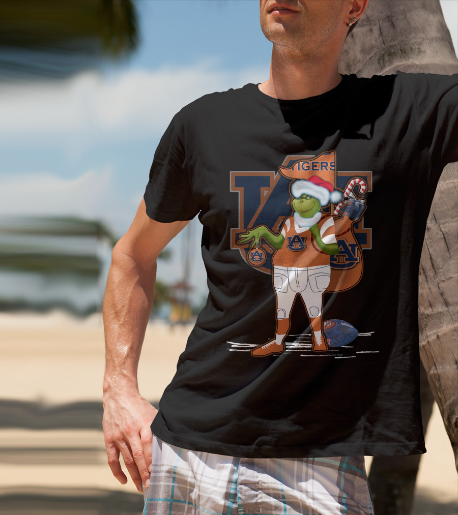 Grinch Christmas Auburn Tigers Football Santa Hat Candy Cane Sack T-Shirt