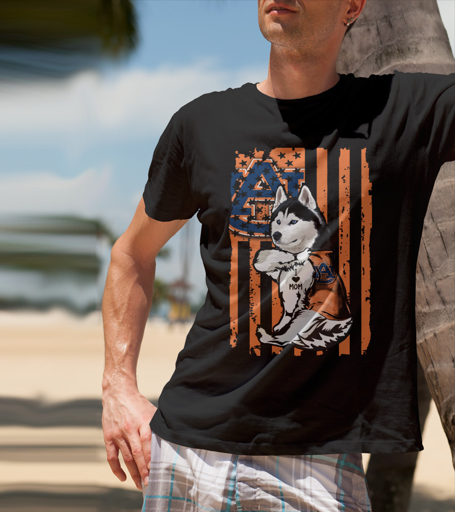 Siberian Husky Auburn Tigers Mom Heart Icon With Orange And Blue Flag T-Shirt