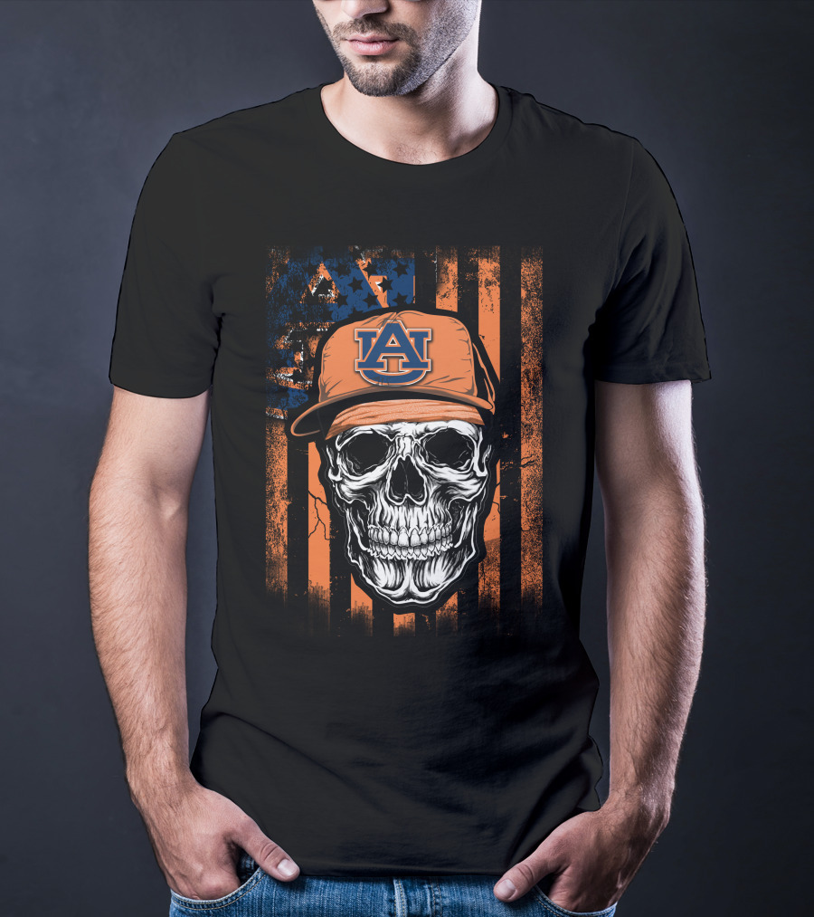 Skull V1 Auburn Tigers Au Logo Hat Orange Striped T-Shirt
