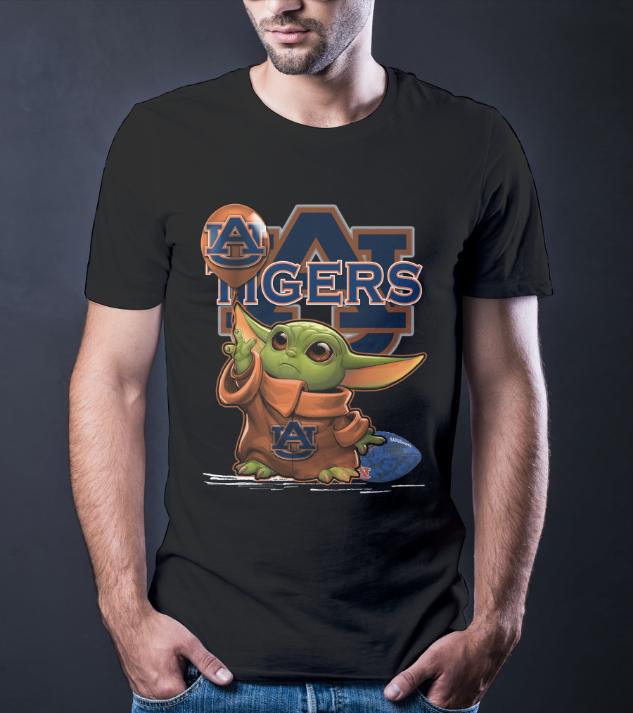 Yoda V1 Auburn Tigers Football Graphic Featuring Iconic Green Character And Au Logos T-Shirt