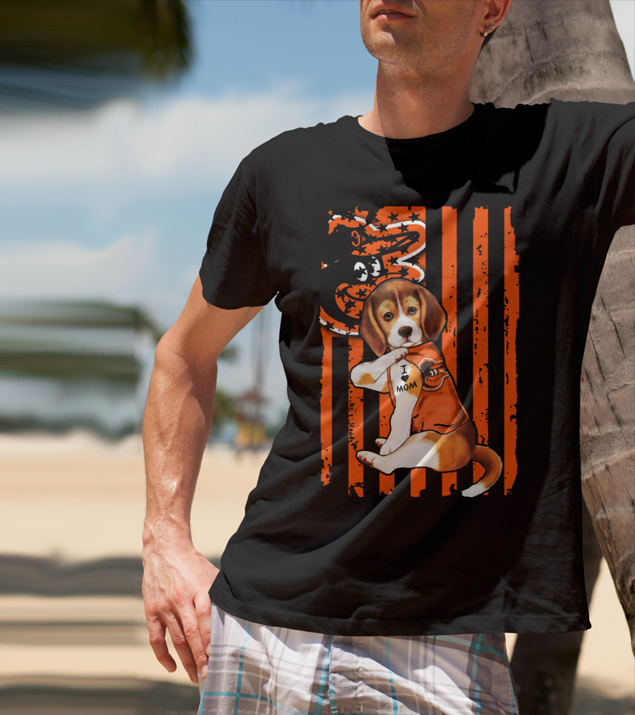 Beagle In Baltimore Orioles Orange With I Love Mom Tattoo And Stars And Stripes Background T-Shirt