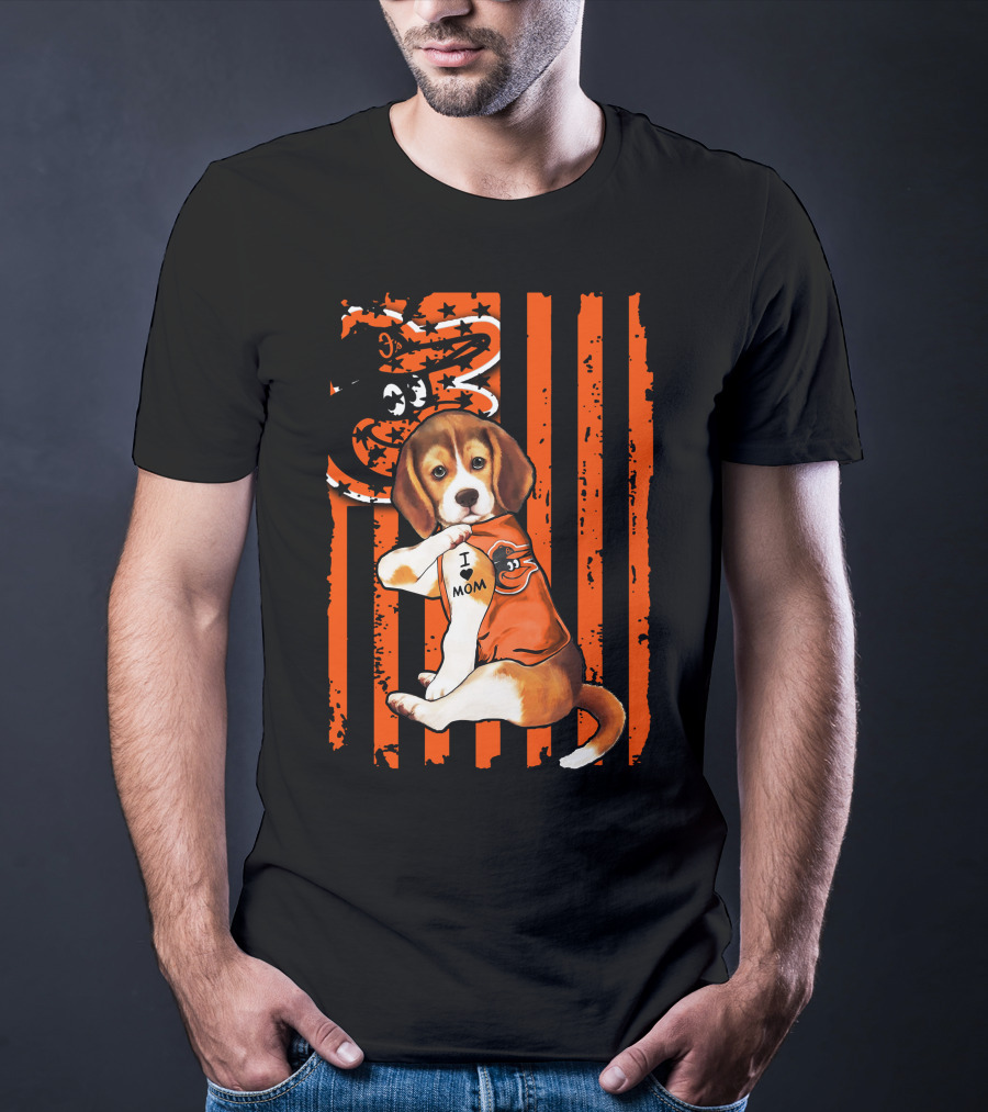 Beagle In Baltimore Orioles Orange With I Love Mom Tattoo And Stars And Stripes Background T-Shirt