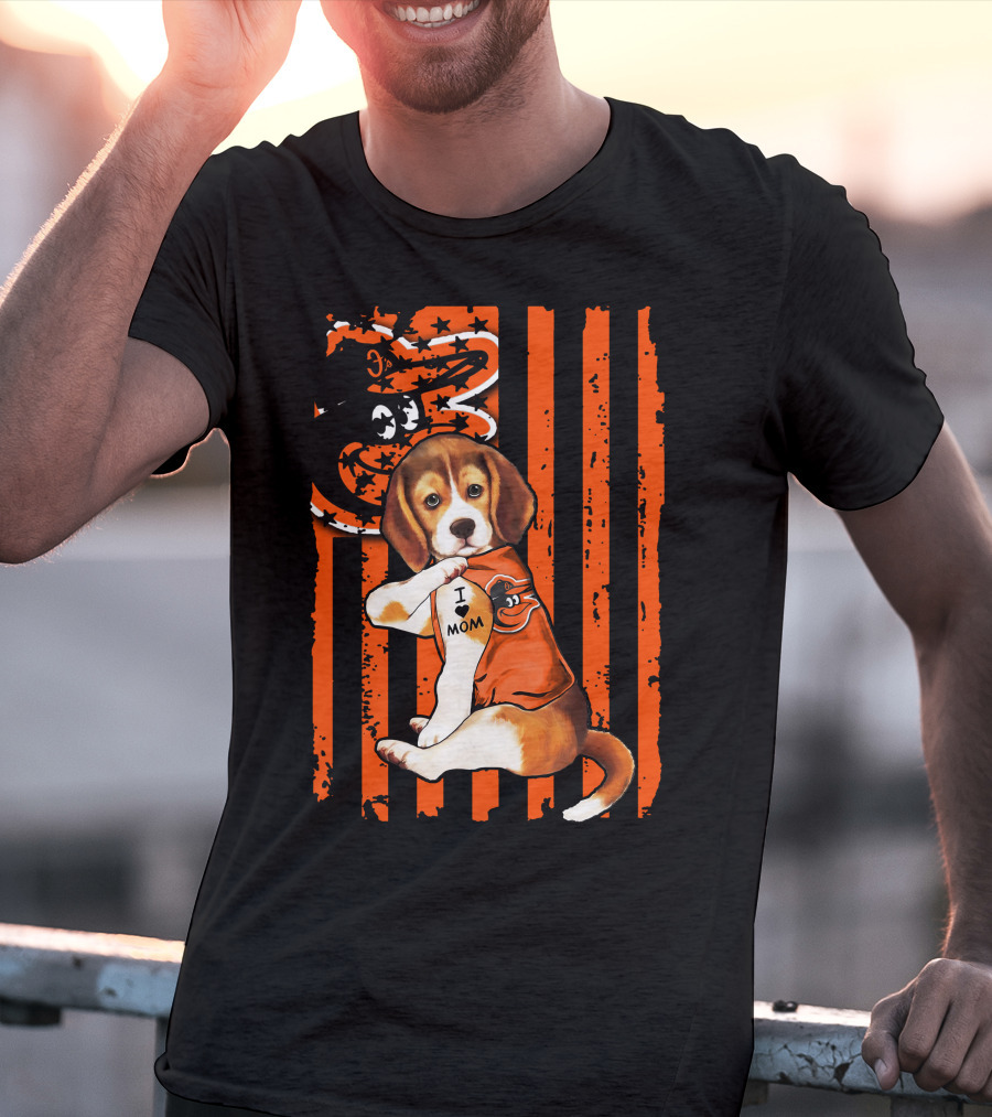 Beagle In Baltimore Orioles Orange With I Love Mom Tattoo And Stars And Stripes Background T-Shirt