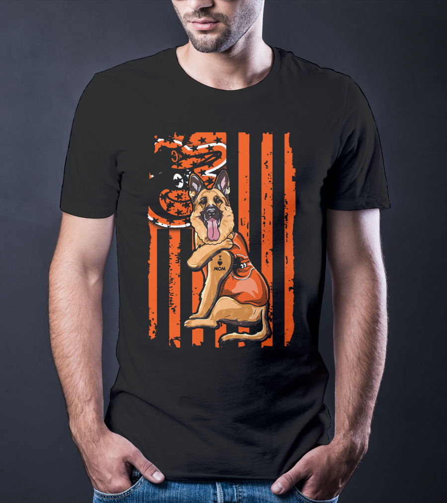 German Shepherd With Baltimore Orioles I Love Mom Tattoo Orange Stripes T-Shirt
