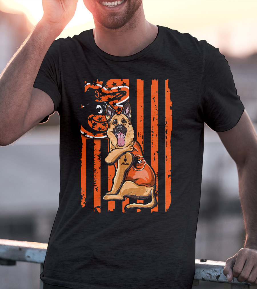 German Shepherd With Baltimore Orioles I Love Mom Tattoo Orange Stripes T-Shirt