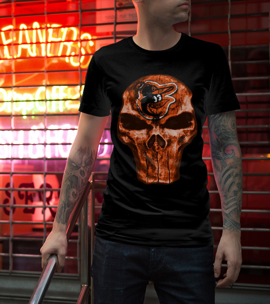 Skull V4 Baltimore Orioles Logo Grunge T-Shirt