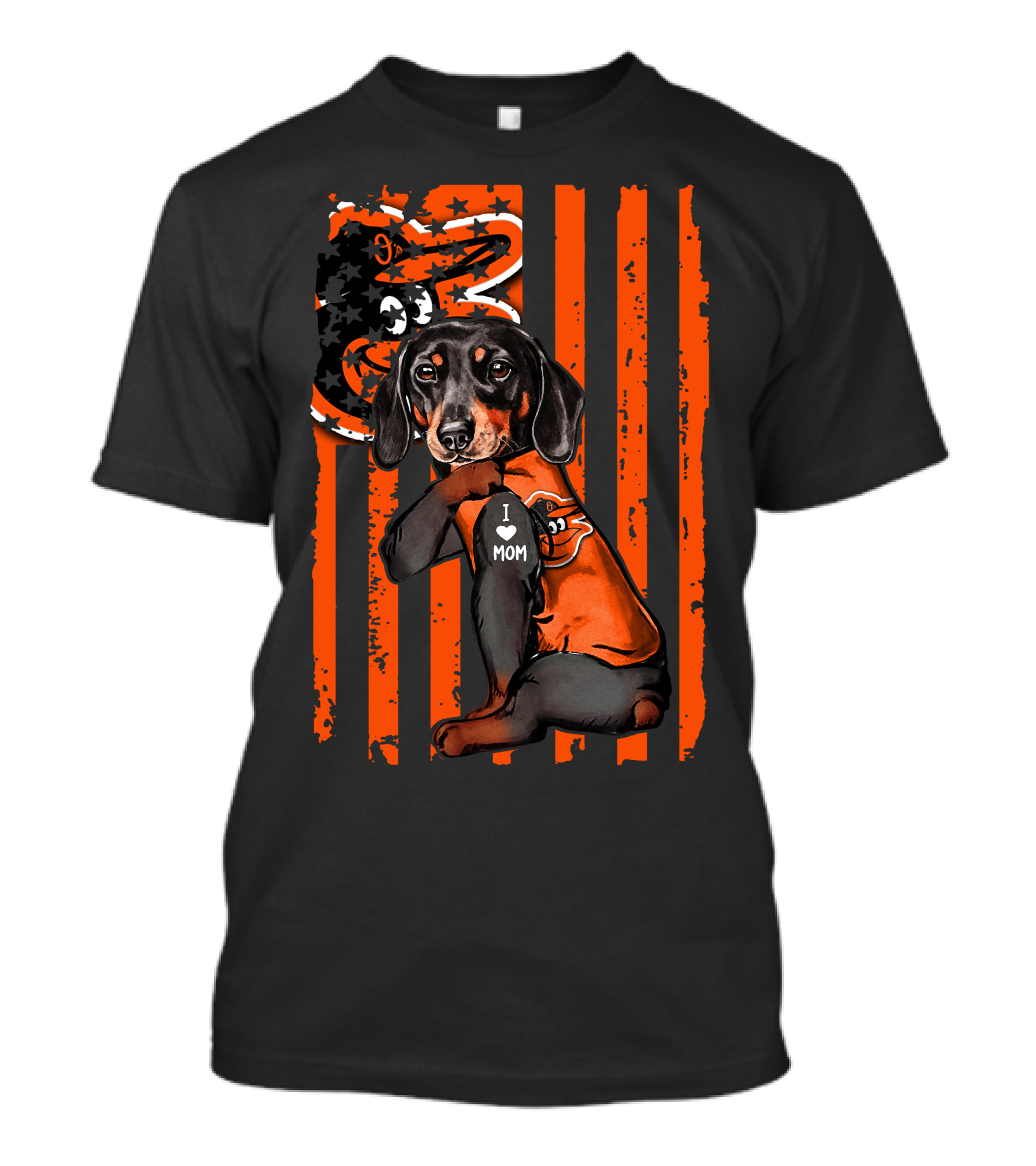 Dachshund I Love Mom Baltimore Orioles Stripes Star Flag T-Shirt