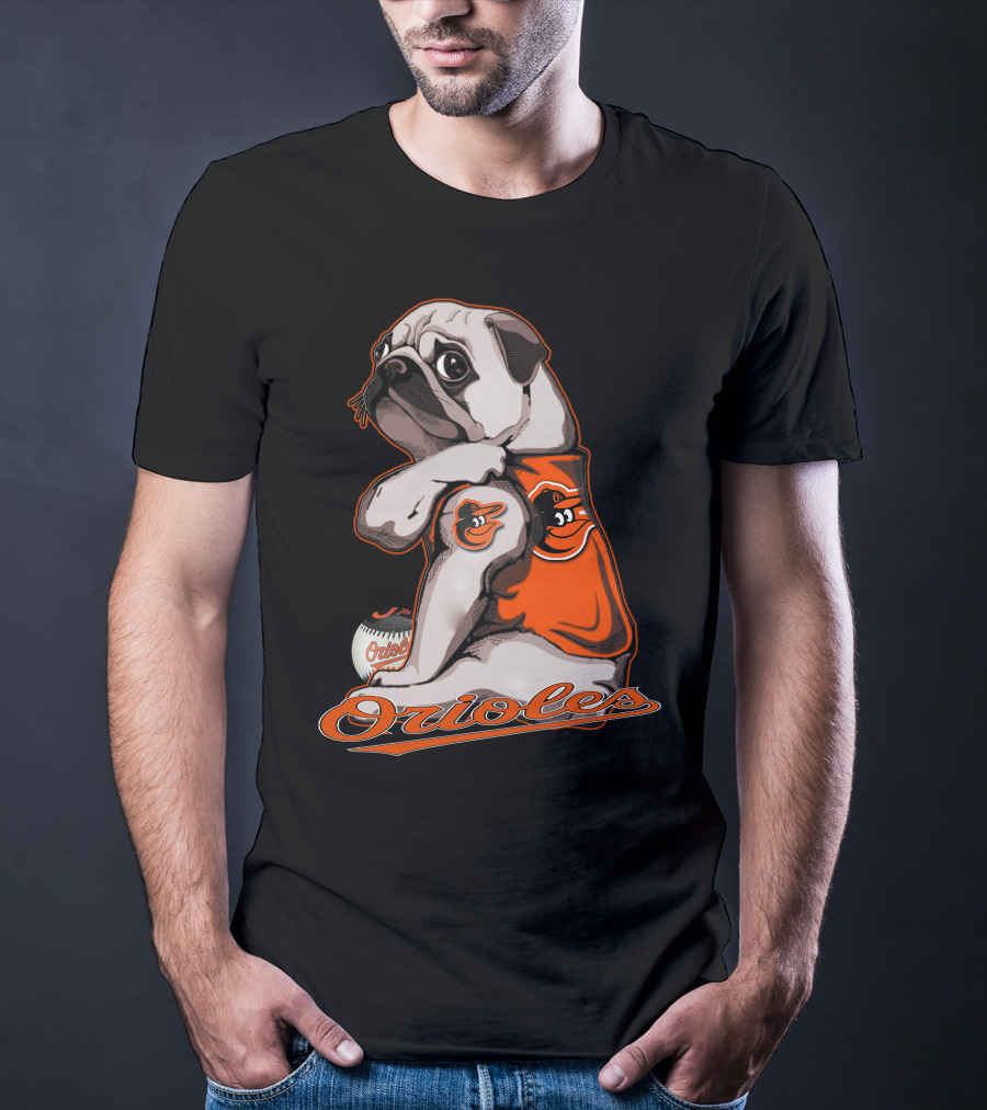 Pug Wearing Baltimore Orioles Jersey With Orioles Baseball T-Shirt