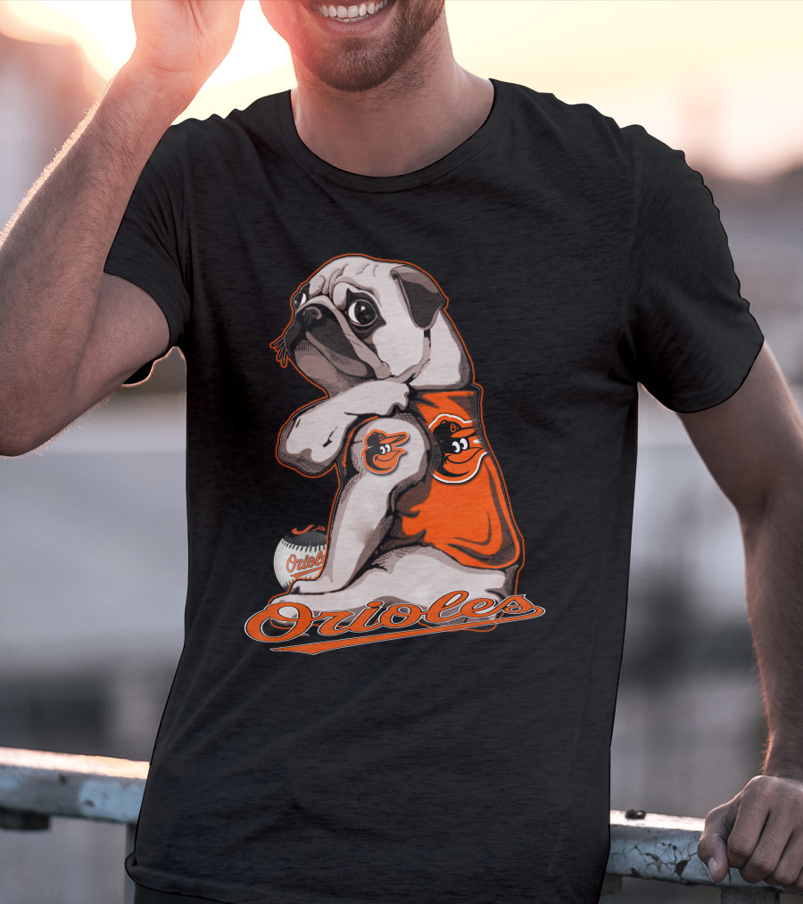 Pug Wearing Baltimore Orioles Jersey With Orioles Baseball T-Shirt