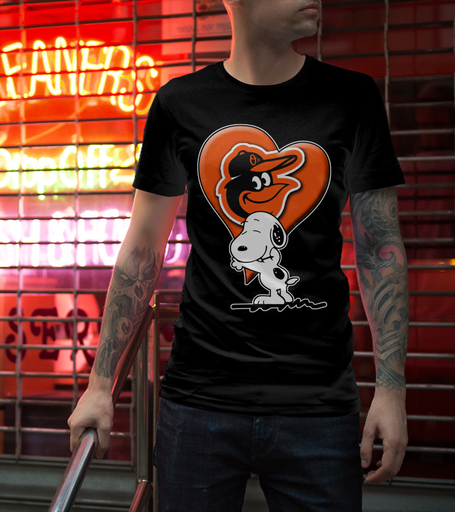 Snoopy Hugging Heart With Baltimore Orioles Bird T-Shirt