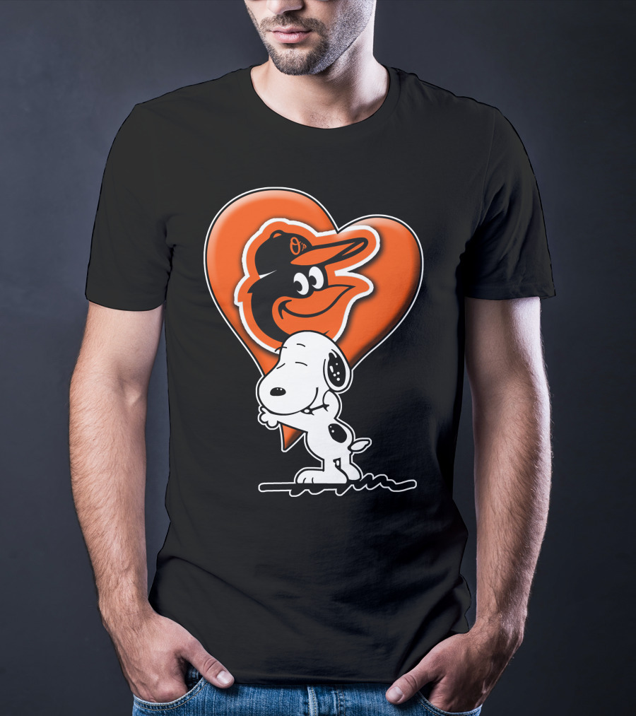 Snoopy Hugging Heart With Baltimore Orioles Bird T-Shirt
