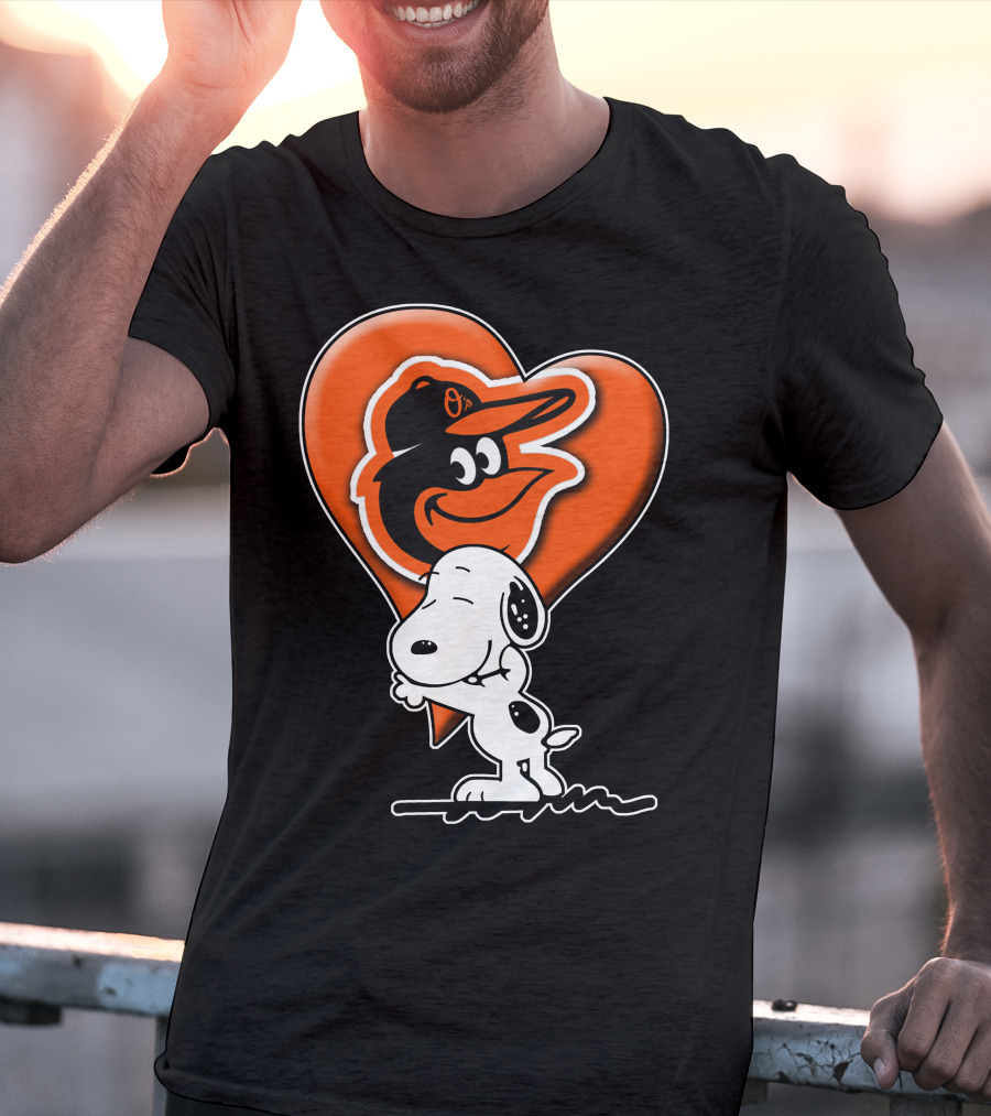 Snoopy Hugging Heart With Baltimore Orioles Bird T-Shirt