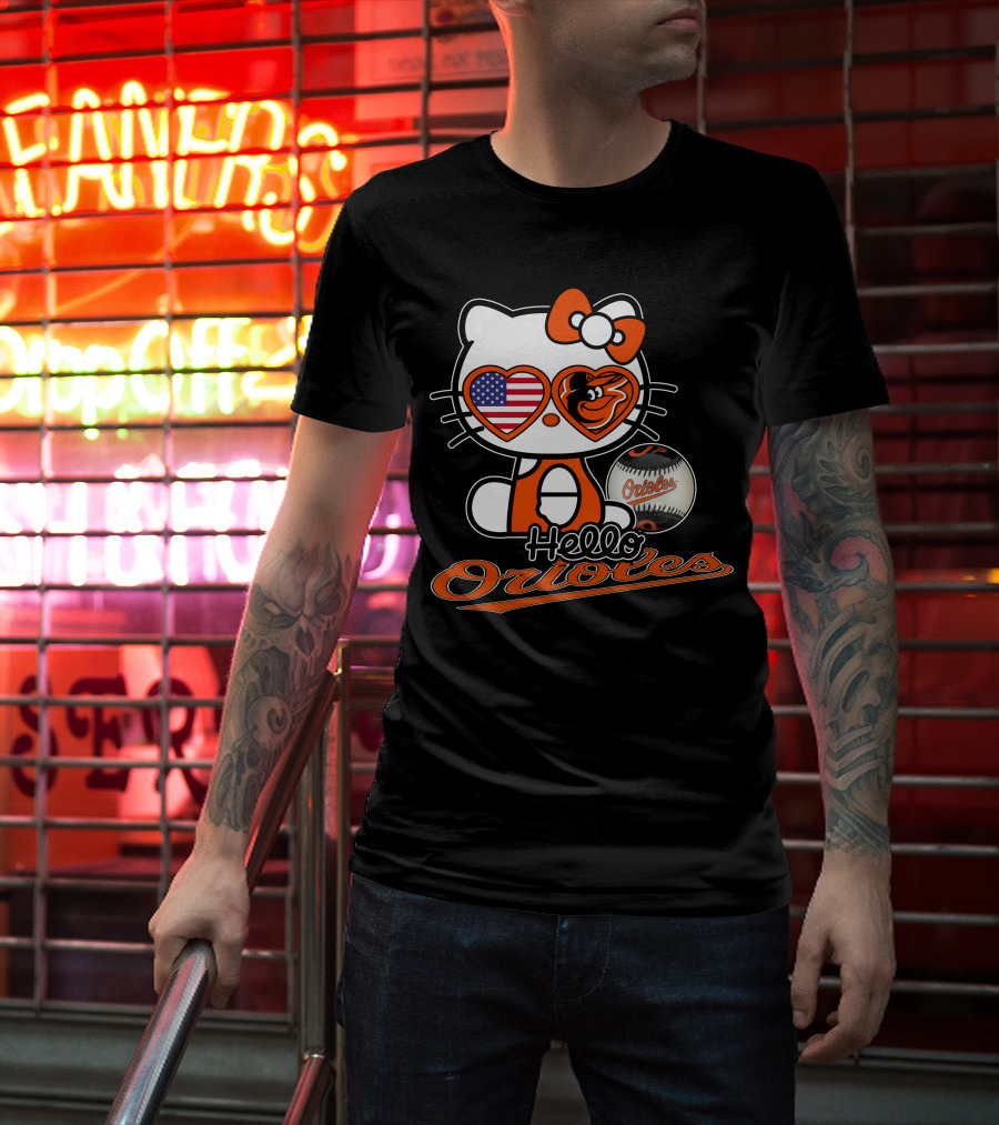 Hello Kitty Orioles Baltimore American Flag Baseball T-Shirt
