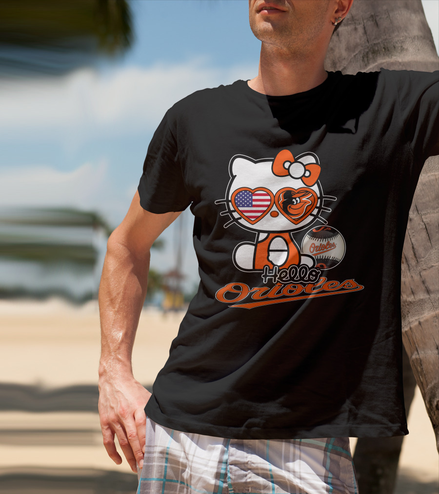 Hello Kitty Orioles Baltimore American Flag Baseball T-Shirt
