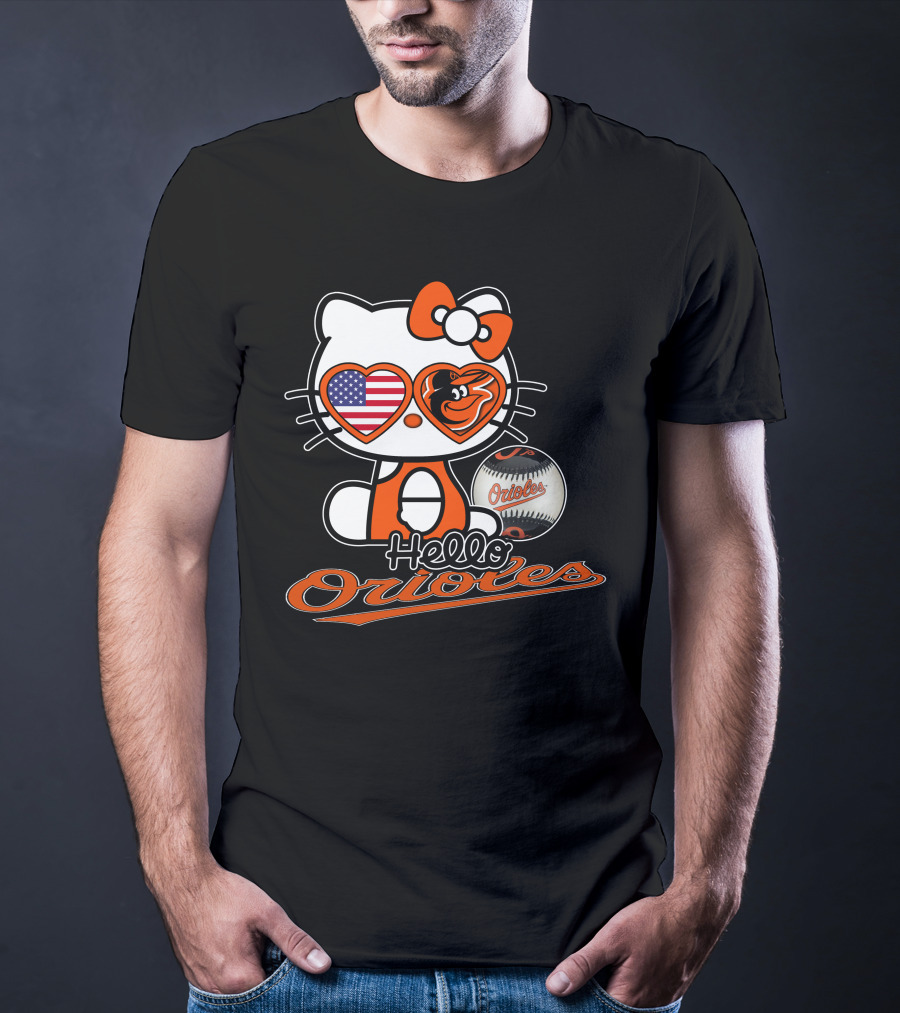 Hello Kitty Orioles Baltimore American Flag Baseball T-Shirt