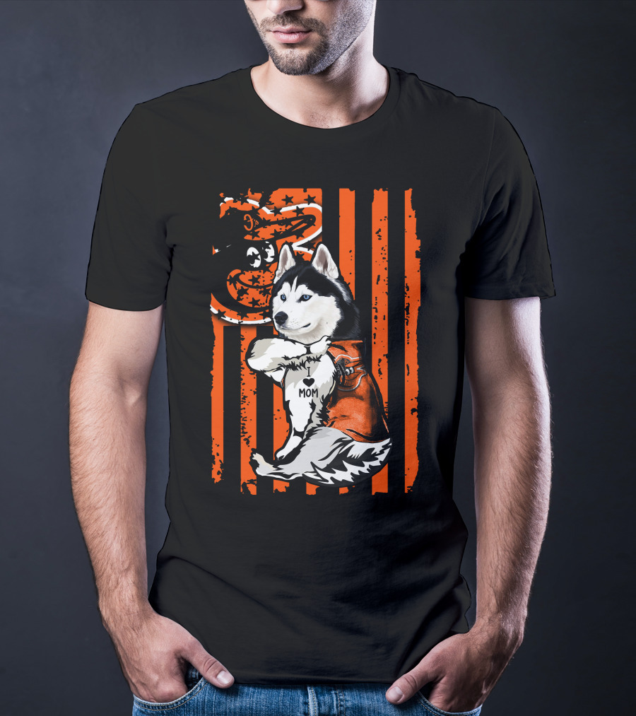 Siberian Husky Baltimore Orioles Dog Mom USA Flag T-Shirt