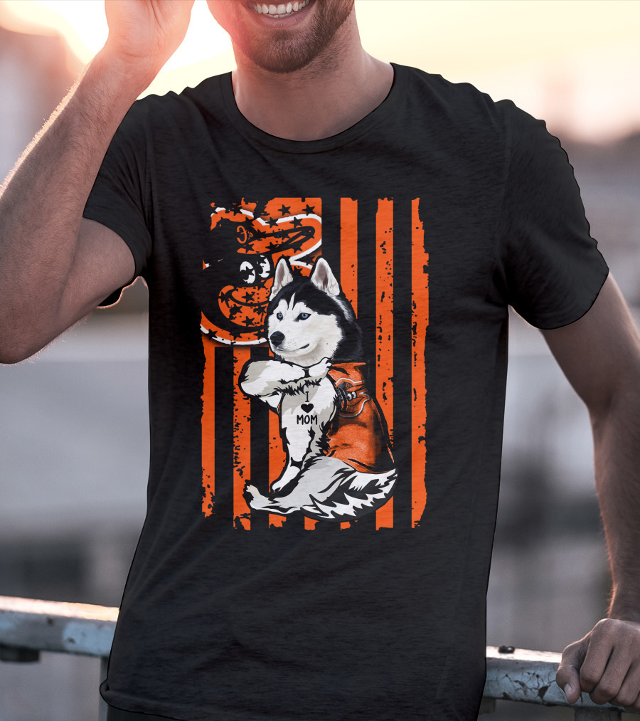 Siberian Husky Baltimore Orioles Dog Mom USA Flag T-Shirt