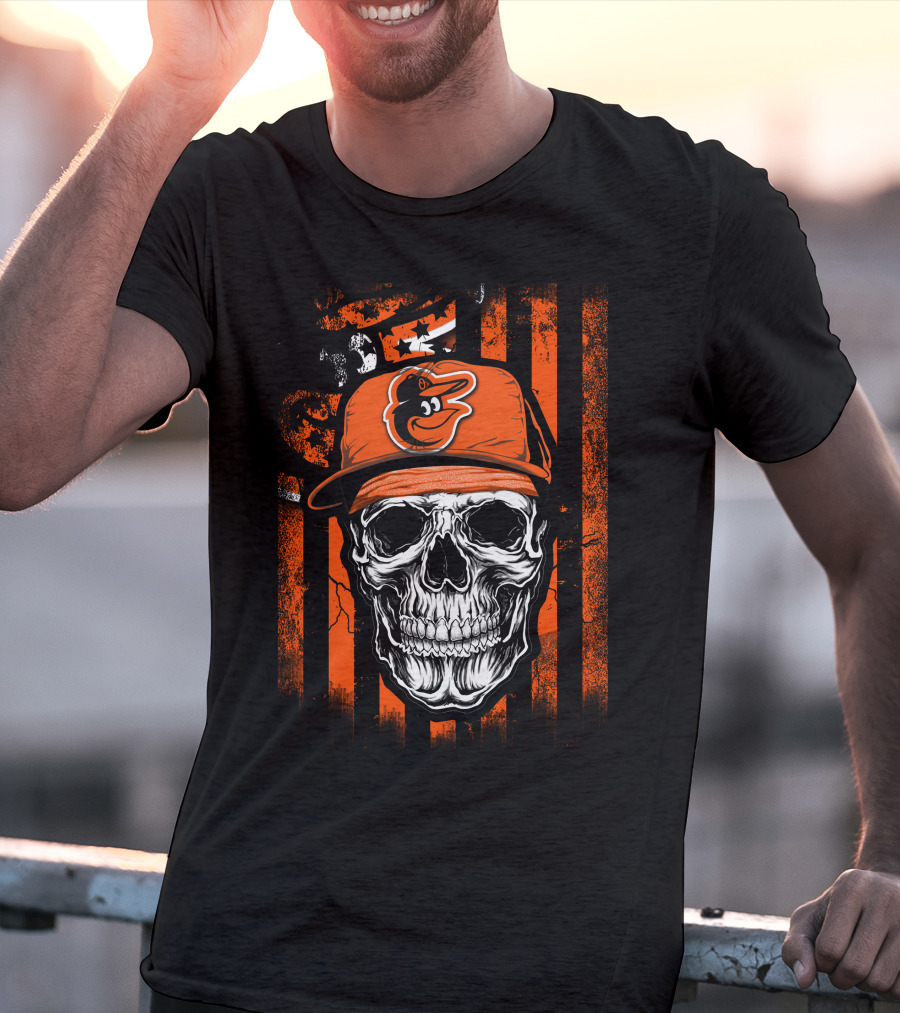 Baltimore Orioles Skull With Logo Cap T-Shirt