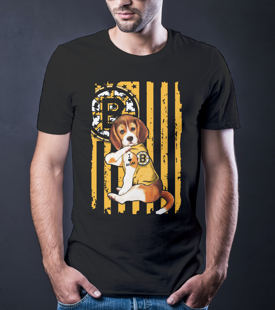 Beagle Puppy I Love Mom Boston Bruins Fan T-Shirt