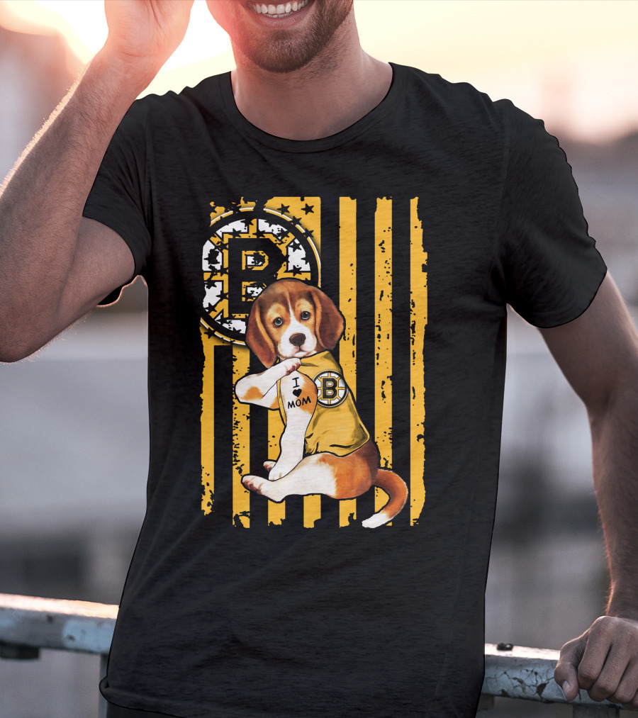 Beagle Puppy I Love Mom Boston Bruins Fan T-Shirt