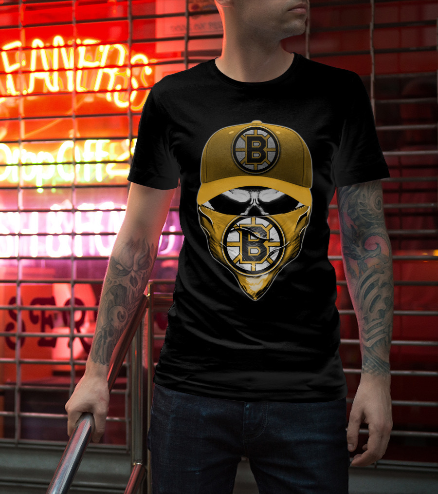 Skull Boston Bruins Logo Cap Mask T-Shirt