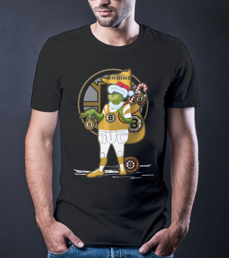 Grinch Boston Bruins Santa Hat Candy Cane Bruins T-Shirt