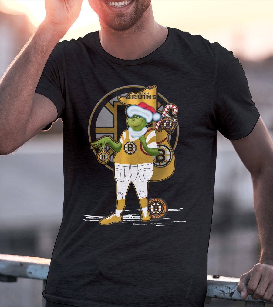 Grinch Boston Bruins Santa Hat Candy Cane Bruins T-Shirt