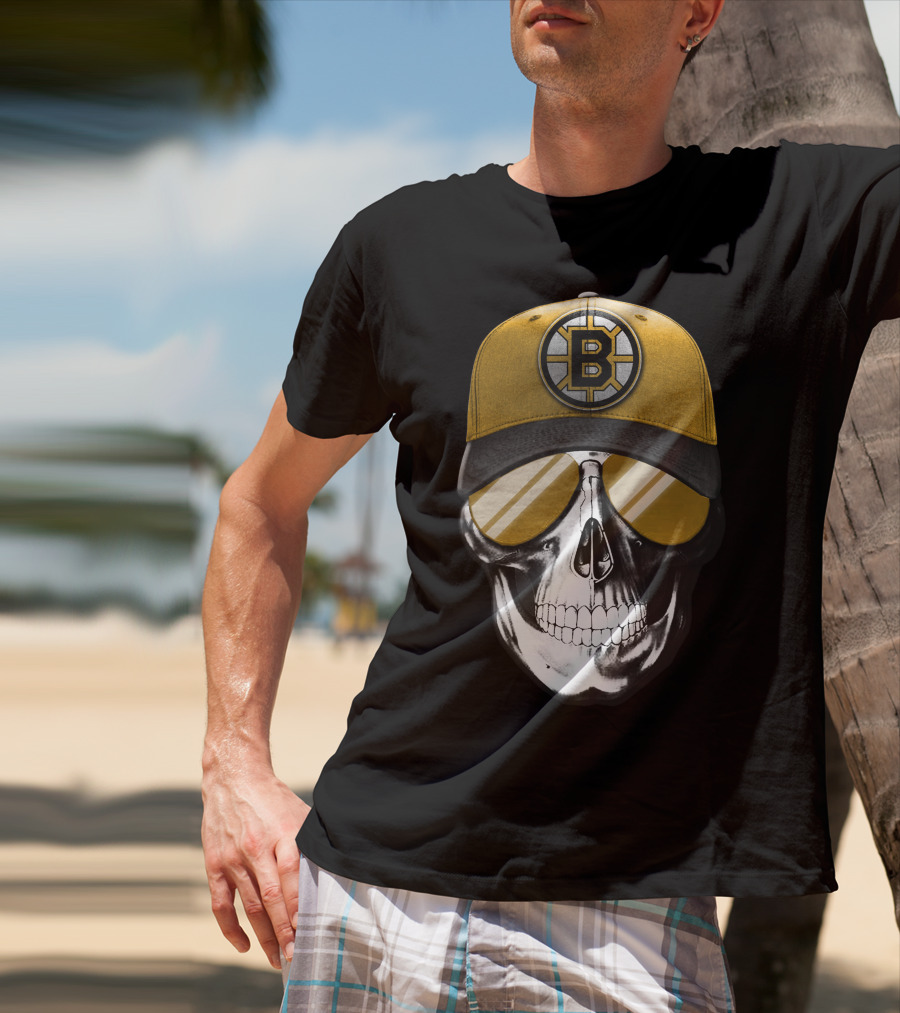 Skull In Yellow Boston Bruins Cap And Sunglasses T-Shirt